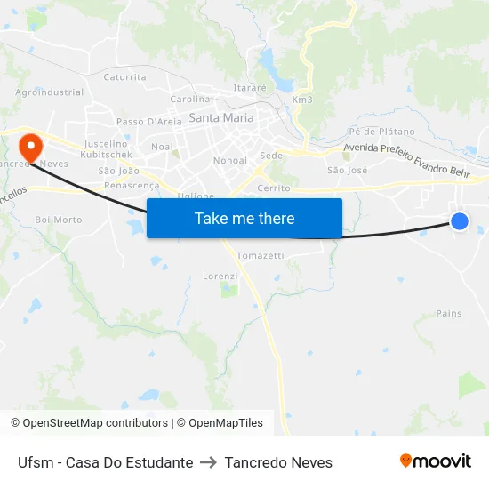 Ufsm - Casa Do Estudante to Tancredo Neves map