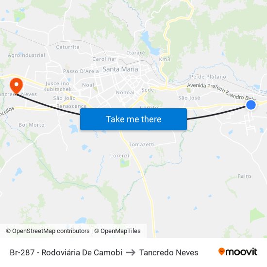 Br-287 - Rodoviária De Camobi to Tancredo Neves map