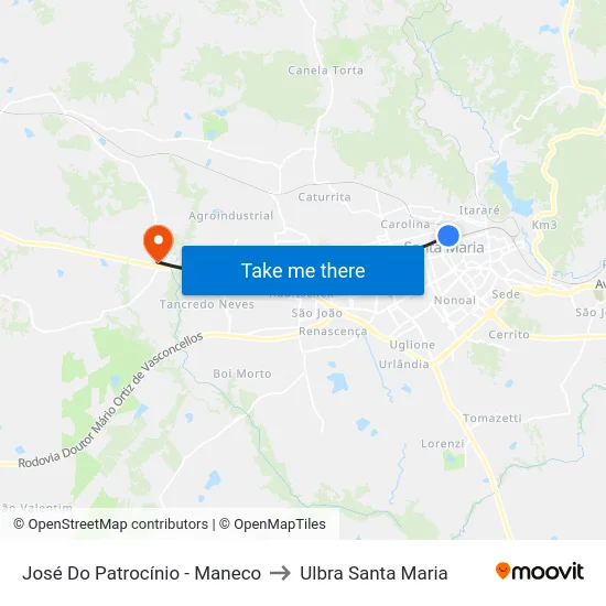 José Do Patrocínio - Maneco to Ulbra Santa Maria map