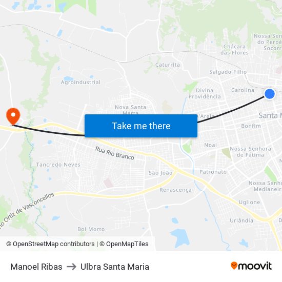 Manoel Ribas to Ulbra Santa Maria map