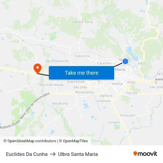 Euclides Da Cunha to Ulbra Santa Maria map