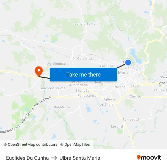 Euclides Da Cunha to Ulbra Santa Maria map