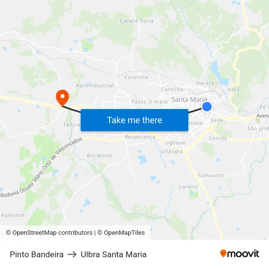 Pinto Bandeira to Ulbra Santa Maria map