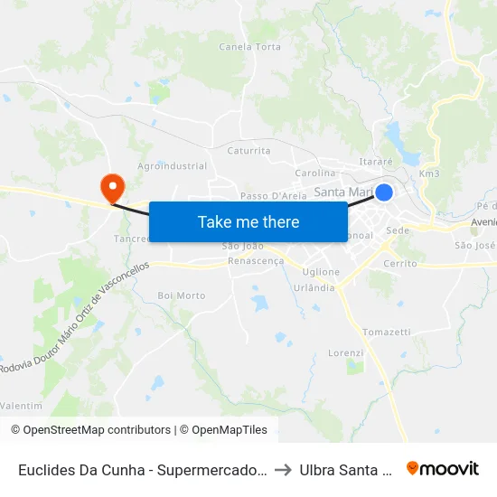 Euclides Da Cunha - Supermercado Beltrame to Ulbra Santa Maria map