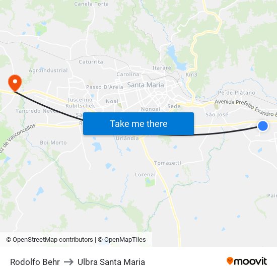 Rodolfo Behr to Ulbra Santa Maria map