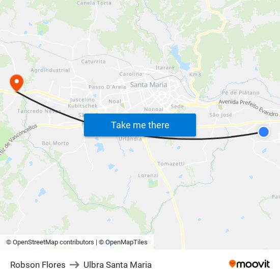 Robson Flores to Ulbra Santa Maria map