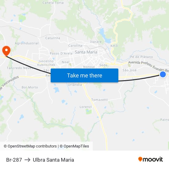 Br-287 to Ulbra Santa Maria map