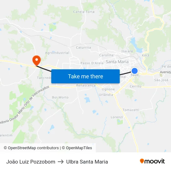 João Luiz Pozzobom to Ulbra Santa Maria map