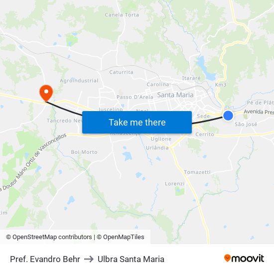 Pref. Evandro Behr to Ulbra Santa Maria map