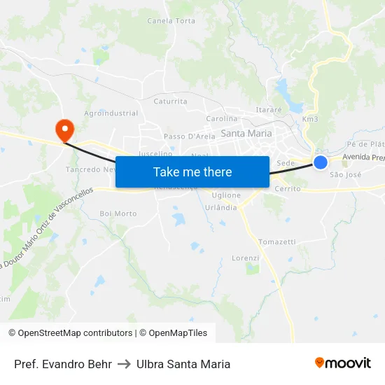 Pref. Evandro Behr to Ulbra Santa Maria map