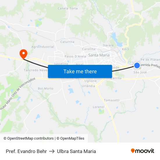 Pref. Evandro Behr to Ulbra Santa Maria map