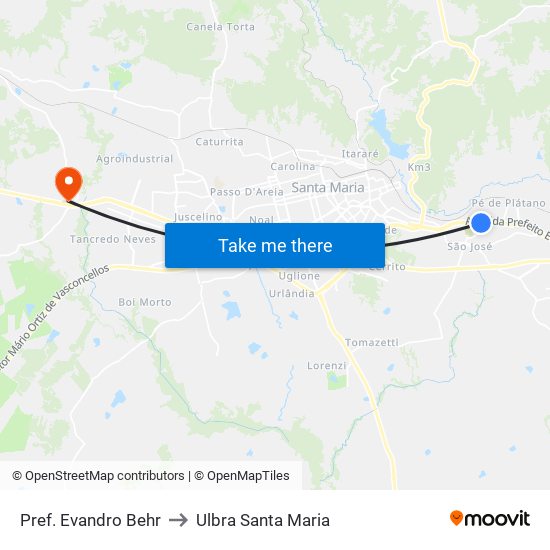 Pref. Evandro Behr to Ulbra Santa Maria map