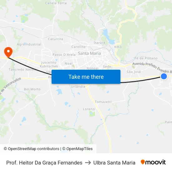Prof. Heitor Da Graça Fernandes to Ulbra Santa Maria map