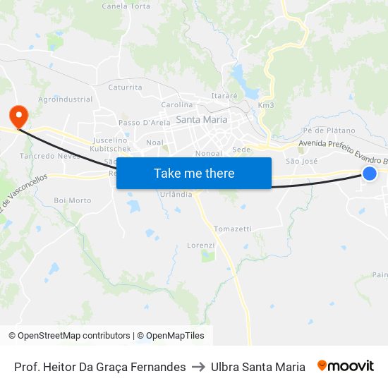 Prof. Heitor Da Graça Fernandes to Ulbra Santa Maria map