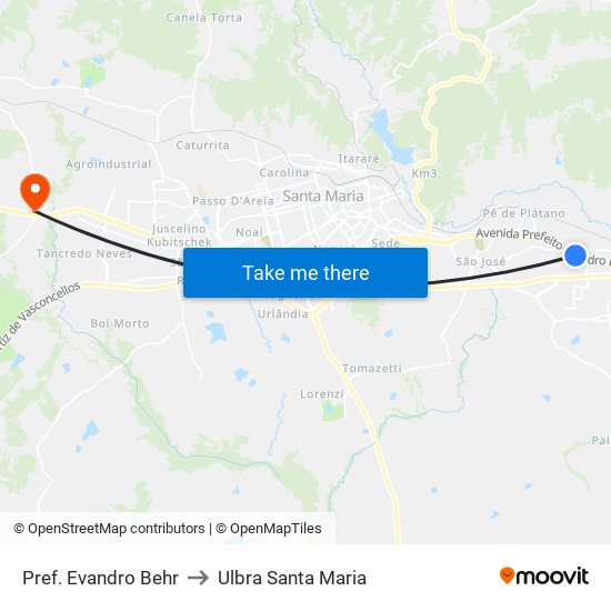 Pref. Evandro Behr to Ulbra Santa Maria map