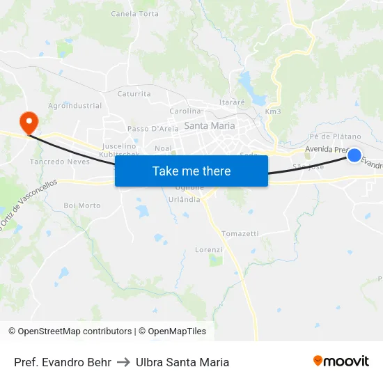 Pref. Evandro Behr to Ulbra Santa Maria map