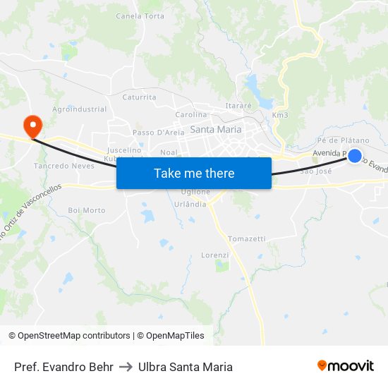 Pref. Evandro Behr to Ulbra Santa Maria map