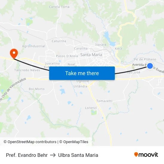 Pref. Evandro Behr to Ulbra Santa Maria map