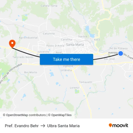 Pref. Evandro Behr to Ulbra Santa Maria map