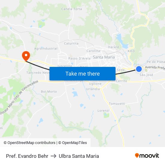 Pref. Evandro Behr to Ulbra Santa Maria map