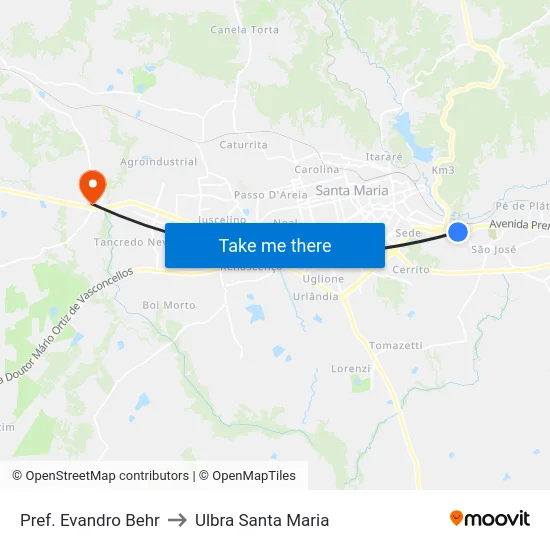 Pref. Evandro Behr to Ulbra Santa Maria map