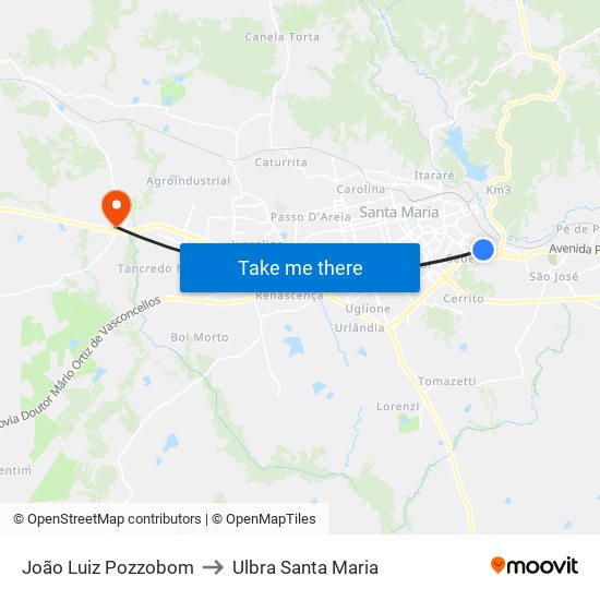 João Luiz Pozzobom to Ulbra Santa Maria map