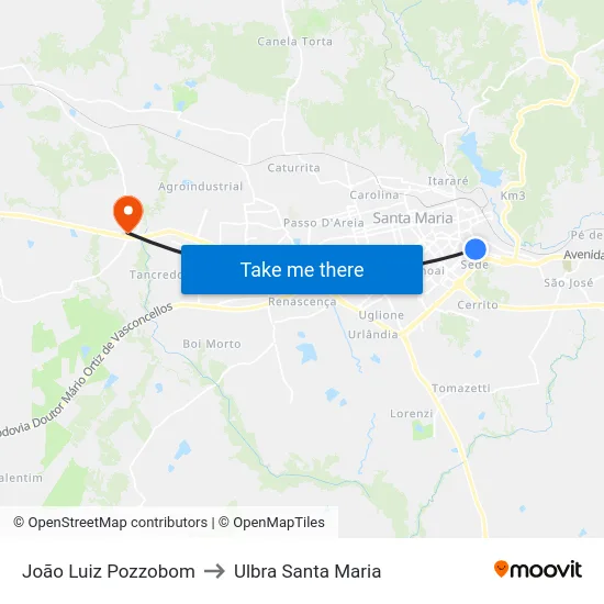 João Luiz Pozzobom to Ulbra Santa Maria map
