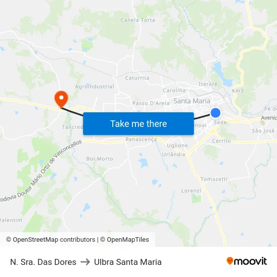 N. Sra. Das Dores to Ulbra Santa Maria map