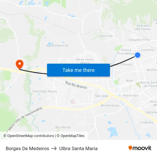 Borges De Medeiros to Ulbra Santa Maria map