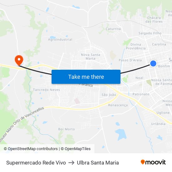 Supermercado Rede Vivo to Ulbra Santa Maria map