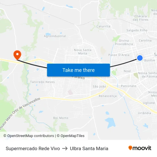 Supermercado Rede Vivo to Ulbra Santa Maria map