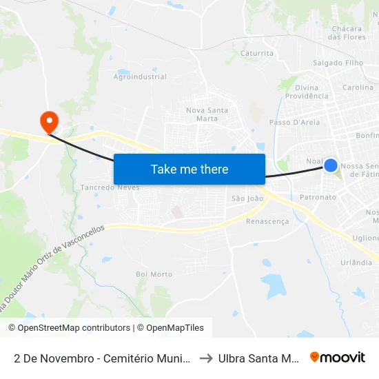 2 De Novembro - Cemitério Municipal to Ulbra Santa Maria map