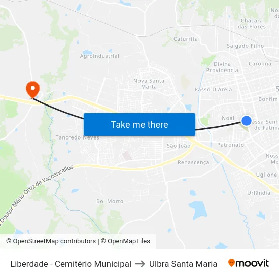 Liberdade - Cemitério Municipal to Ulbra Santa Maria map