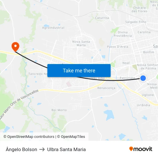 Ângelo Bolson to Ulbra Santa Maria map