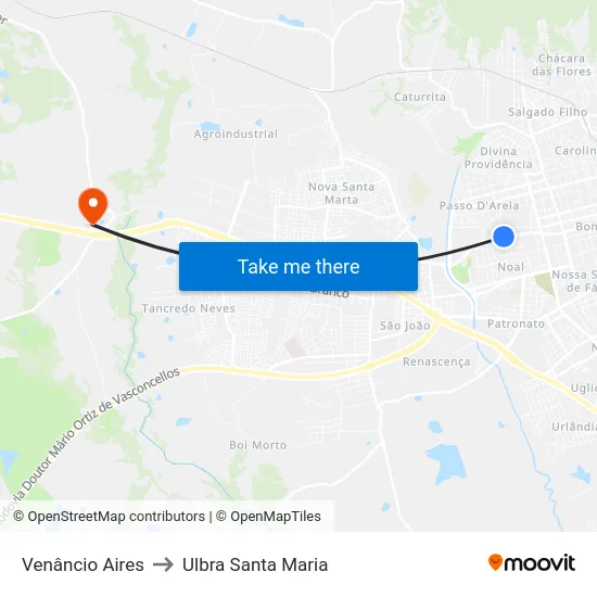 Venâncio Aires to Ulbra Santa Maria map