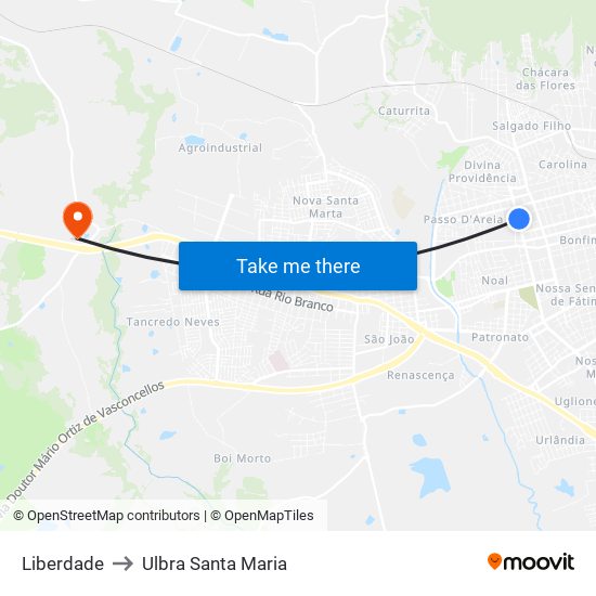 Liberdade to Ulbra Santa Maria map