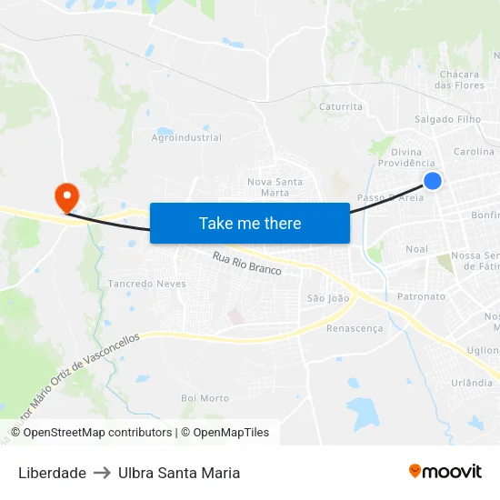 Liberdade to Ulbra Santa Maria map