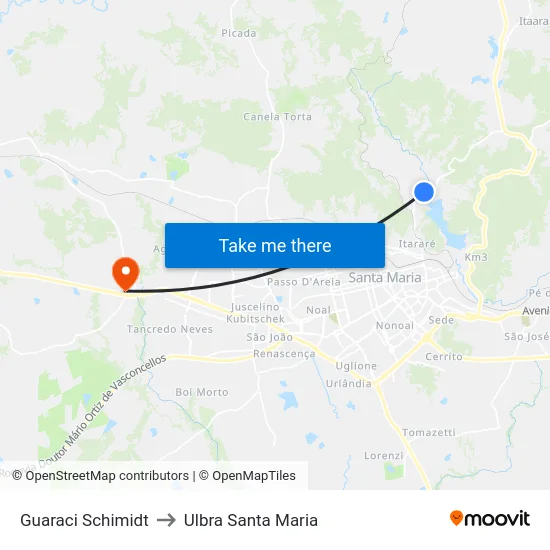 Guaraci Schimidt to Ulbra Santa Maria map