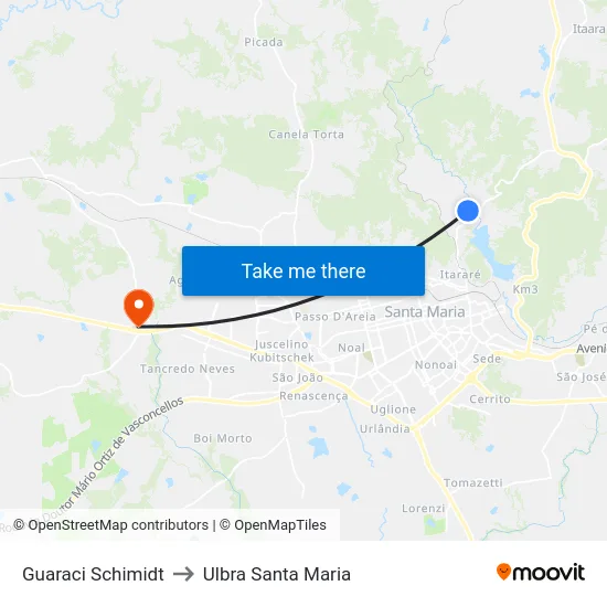 Guaraci Schimidt to Ulbra Santa Maria map