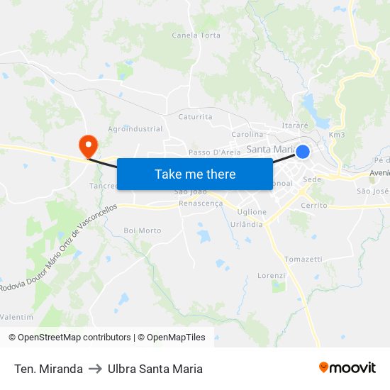 Ten. Miranda to Ulbra Santa Maria map