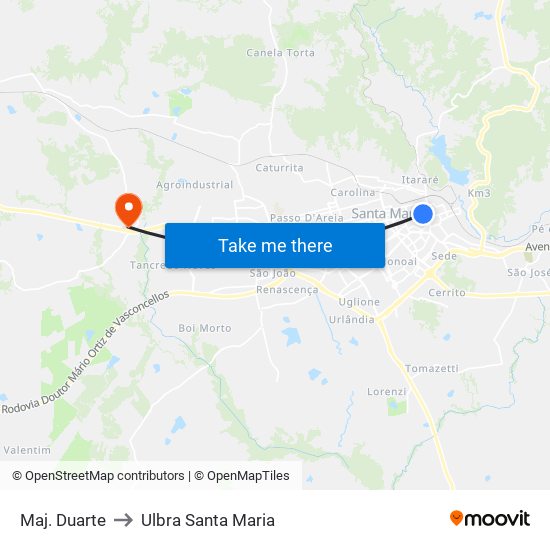 Maj. Duarte to Ulbra Santa Maria map