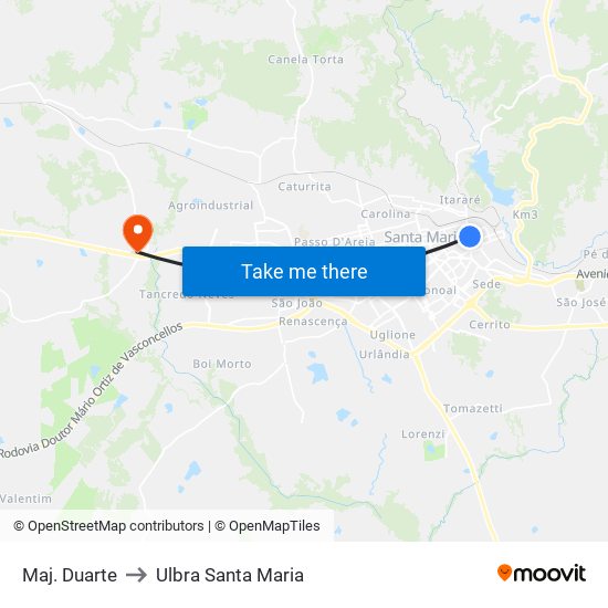 Maj. Duarte to Ulbra Santa Maria map