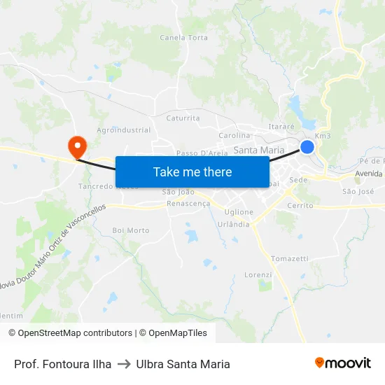 Prof. Fontoura Ilha to Ulbra Santa Maria map
