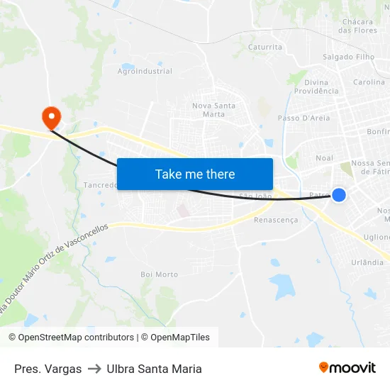 Pres. Vargas to Ulbra Santa Maria map