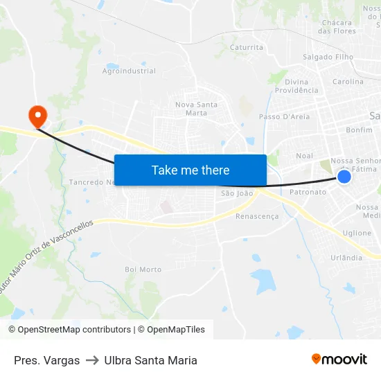 Pres. Vargas to Ulbra Santa Maria map