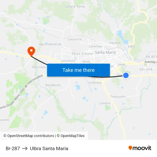 Br-287 to Ulbra Santa Maria map