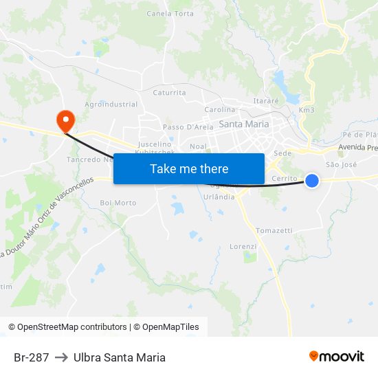 Br-287 to Ulbra Santa Maria map