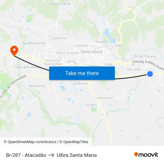 Br-287 - Atacadão to Ulbra Santa Maria map