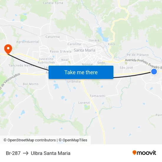 Br-287 to Ulbra Santa Maria map