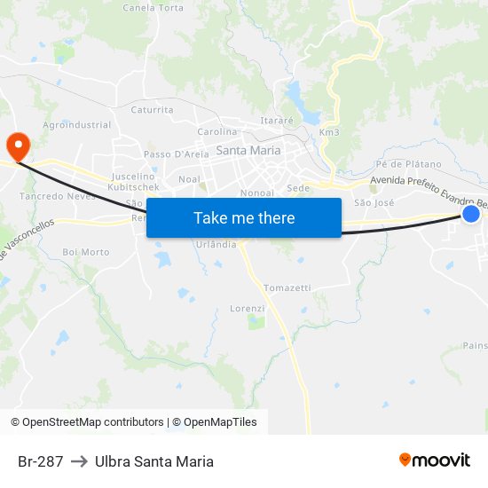 Br-287 to Ulbra Santa Maria map